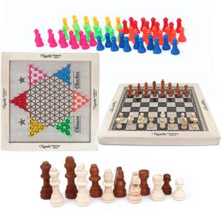 HK Sport & Toys 2in 1 Chinese Checker & Chess Board with Plastic Checker Token & Wooden Chessmen Party & Fun Board Game