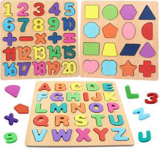 Authfort Toddler Wooden Puzzle 3 in 1 Number Shaped ABC Alphabet Wooden Jigsaw Puzzle Set for 1-3 Years Old Kids Educational Board Games