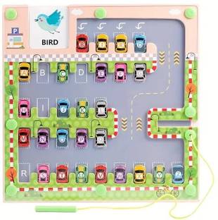 SOKT Wooden Magnetic Maze Board Parking Theme Alphabet Learning Toys Board Game Accessories