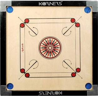 KORNERS Wooden Carrom Board with Round Pockets with Coins, Striker and Powder (26-inch) 70 cm Carrom Board