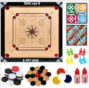 skart Carrom Board Medium (26X26 inch) 24 Wooden Coins, 4 Acrylic Strikers, 2 Powder 4 cm Carrom Board
