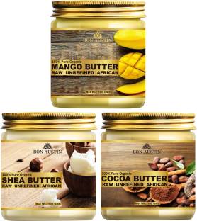Bon Austin Pure and Natural Shea Butter, Cocoa Butter & Mango Butter - RAW, UNREFINED & AFRICAN- For Moisturization of Body and Skin Combo Pack 3 Jars of 100 gms(300 gms)