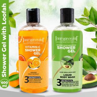 Aaryanveda Vitamin-C Shower Gel Body Wash & Aloe Vera Shower Gel & Loofah Gift Set Combo