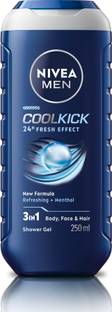 Nivea Men Body Wash, Cool Kick with Refreshing Icy Menthol, Shower Gel for Body, Face & Hair