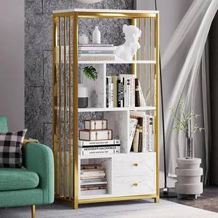 NG Decor Modern White Bookshelf Wood Book Shelf with 2 Drawers in Gold Metal Frame Engineered Wood Semi-Open Book Shelf