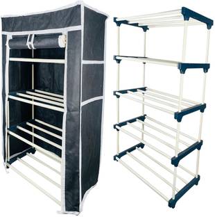 TURBOMAX 4Tiers Book Shelf Plastic Rack With Cover Wardrobe Portable Multipurpose Folding Plastic Open Book Shelf