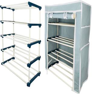 QUARCK 4Tiers Book Shelf Plastic Rack With Cover Wardrobe Portable Multipurpose Folding Plastic Open Book Shelf