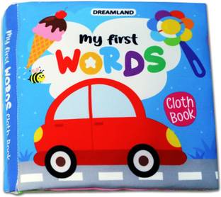 Baby My First Cloth Book First Words with Squeaker and Crinkle Paper, Non-Toxic Early Educational Toy for Toddler, Infants