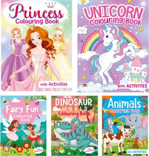 Coloring book for kids with Activities : Pack of 5 Books Princess Colouring Book, Fairy Fun Colouring Book, Unicorn Colouring Book, Dinosaur Colouring Book, Animals Colouring Book) 160 colourful pages