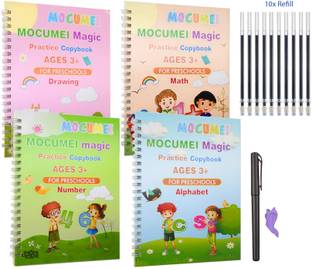 Magical Handwriting Workbooks Practice Copybook, Magic Calligraphy That Can Be Reused Handwriting Copybook Tracing Book (4x books + 1x Pens + 1x Grip + 10x Refill)