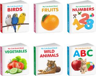 My First Cute Board Book All In One Learning Book For Children : ABC, Numbers, Fruits, Vegetables, Wild Animals, Birds - Picture books for toddlers, Baby board books | Pack of 6 books