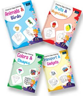 Creative Copy Coloring Book For Kids ( Set of 4 ) With 128 Pages - Animals & Birds , Colors & Shapes , Fruits & Vegetables and Transports & Gadgets - Fun Educational Colorful Imagery Engaging Activities and Hours of Entertainment Drawing Books For Kids. Suitable For All Age Groups