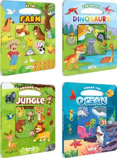 At the Farm, The Era of Dinosaur, Around the Jungle and Under the Ocean Window Cut Board Book : Picture Book for Children, Early Learning Die cut shape Book, Board Book for Young Learners | Combo of 4 Die Cut Shape Board Books