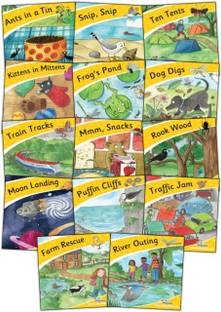 Jolly Phonics Little Word Books  - Group 1 - Ants in a Tin, Snip - Snip
Group 2 - Ten Tents, Kittens in Mittens
Group 3 - Frog's Pond, Dog Digs
Group 4 - Train Tracks, Mmm - Snacks
Group 5 - Rook Wood, Moon Landing
Group 6 - Puffin Cliffs, Traffic Jam
Group 7 - Farm Rescue, River Outing