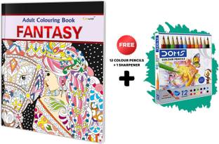 Fantasy - Adult Colouring Book with 12 Colour Pencils + 1 Sharpner : Relaxing Coloring Book, Mindful Art Coloring, Art Coloring kit for Adults, Colouring book for peace and relaxation