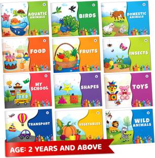 Colouring Books for Kids - Aquatic Animals, Birds, Domestic Animals, Food, Fruits, Insects, My School, Shapes, Transport, Toys, Vegetables and Wild Animal | Set of 12 Books