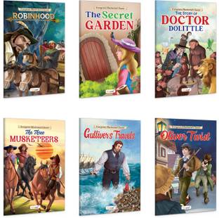 The Secret Garden, The Story of Doctor Dolittle, The Three Musketeers, Gulliver's Travels, Oliver Twist and Robin Hood book : Children learning illustrated books, Story book for kids | Pack of 6 books