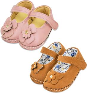 Neska Moda 6 To 12 Months Baby Girls Belly Shoe 2 Pair Set Partywear Floral Velcro Sandal Booties