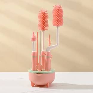 The Little Lookers Silicone Bottle Brush Set with Stand for Baby Bottle Straw Cleaner Brush (Pink)