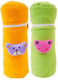 MW PRINTS Soft Plush Stretchable Baby Feeding Bottle Cover Easy to Hold Strap and Zip | Suitable for 130 ML-250 ML Feeding Bottle-Orange-Green