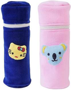 Da Anushi Soft Plush Stretchable Baby Feeding Bottle Cover Easy to Hold Strap and Zip|Suitable for 130 ML-250 ML Feeding Bottle Light Pink-Dark Blue