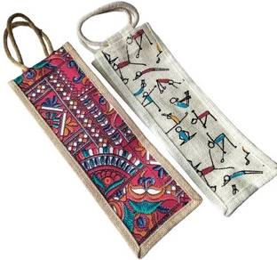 Neo Smarrt 1 Printed and 1 Plain Jute Bottle Bag