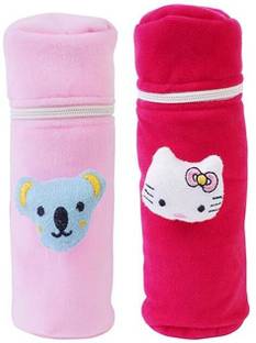 MW PRINTS Soft Plush Stretchable Baby Feeding Bottle Cover Easy to Hold Strap and Zip | Suitable for 130 ML-250 ML Feeding Bottle-Dark Pink-Light Pink