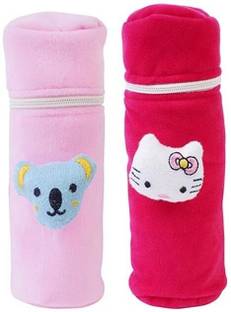 MW PRINTS Soft Plush Stretchable Baby Feeding Bottle Cover Easy to Hold Strap and Zip | Suitable for 130 ML-250 ML Feeding Bottle-Dark Pink-Light Pink