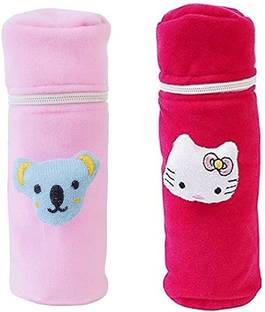 Da Anushi Soft Plush Stretchable Baby Feeding Bottle Cover Easy to Hold Strap and Zip|Suitable for 130 ML-250 ML Feeding Bottle-Dark Pink-Light Pink