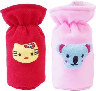 Da Anushi Soft Plush Stretchable Baby Feeding Bottle Cover Easy to Hold Strap With Cute Animated Cartoon|Suitable for 60-125 Ml Feeding Bottle(Light Pink-Dark Red)
