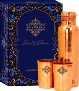 IndianArtVilla Pure Copper Bottle with Glass , Gift Set Box, 3 Pieces, 750 ML 750 ml Bottle