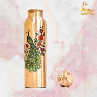 bottlewala Peacock Printed 100% Copper Bottle 1Ltr Rust Free, Leak Proof and Joint Less 1000 ml Bottle
