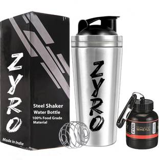 ZYRO Stainless Steel Gym Shaker with Protein Funnel & mixer ball, LeakProof,BPA Free 750 ml Shaker