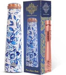 IndianArtVilla Copper Tube Slim Bottle in White Floral Print, Volume - 750 Ml 750 ml Bottle