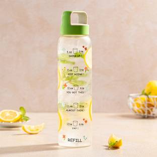 BOROSIL Neo 1 L Motivational Time Marker Glass Bottle with Green Husk Lid, AM PM Bottle 1000 ml Bottle