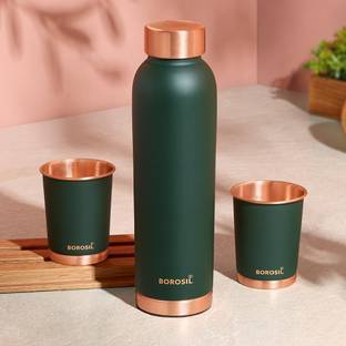 BOROSIL Eco 1000ml Copper Bottle with Glass Set (250ml x 2), 100% Pure Copper, Leakproof 1000 ml Copper Bottle
