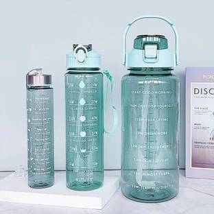 InscapeDesign Durable Set of 3 Transparent Water Bottles with Straws, Leak-Proof, 300ml+900ml+ 2000 ml Plastic Bottle