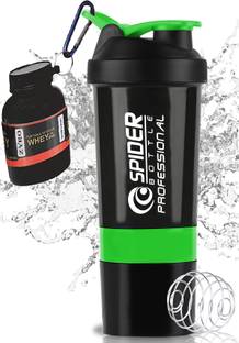 ZYRO Protein Funnel & Spider Gym Shaker Bottle with Stainless Steel Spring Ball 500 ml Plastic Shaker