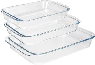 Crystalarc Borosilicate Glass Vegetable Bowl 1000ml, 1600ml, 2200ml Rectangular Borosilicate Microwave Safe Glass Serving Store Baking Mixing Bowl with Handle Set of 3