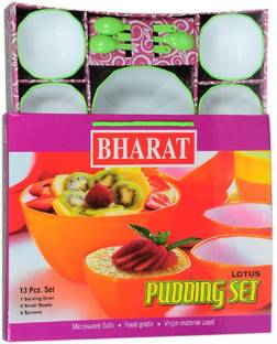 Bharat Plastic Dessert Bowl Pudding Set (Green & White) - 13 Pcs (1 Serving Bowl,6 Small Bowl, 6 Spoons)