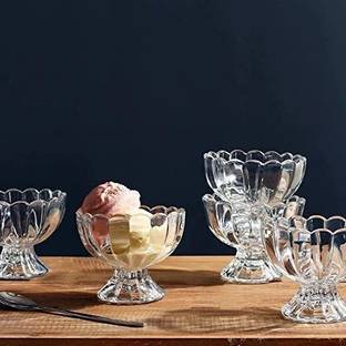 Miral Enterprises Glass Dessert Bowl Flower Shape Crystal Ice Cream Cup 140ml (Set of 6) Disposable