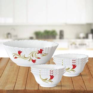 BOROSIL Opalware Serving Bowl Red Lily Pudding Set