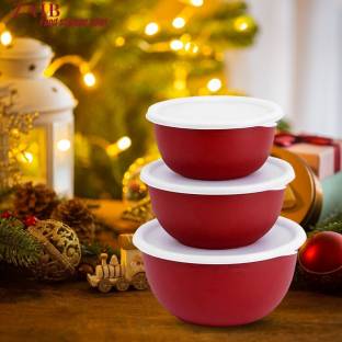 Zaib Stainless Steel Serving Bowl Microwave Safe Plastic Coated Euro Bowls Set of 3 with lid for Reheating & Storage Container (Capacity: 800, 1400, 1700 ml) Stainless Steel Serving Bowl (Red, White, Pack of 3)