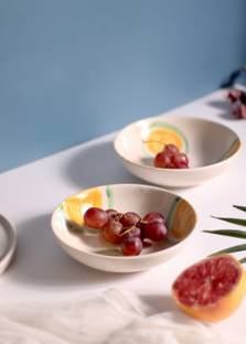 Weaving Homes Ceramic Serving Bowl Handmade Ceramic Yellow & Green Ring Bowl for Servings Disposable