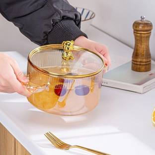 Avastro Borosilicate Glass Soup Bowl Gold Soup Pot Heat Resistant Microwave Fire Heating Dual Handles
