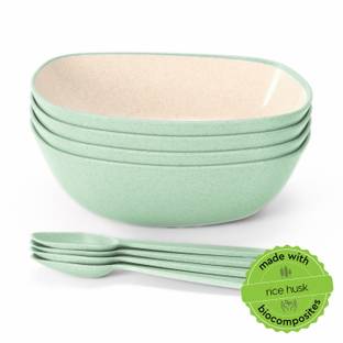 Eha Biocomposite Serving Bowl with Spoons | Made with Rice Husk | Microwave Safe Bowls For Kitchen With Spoons