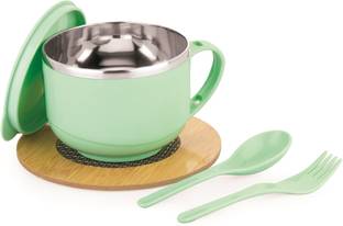 Nabhya Stainless Steel, Plastic Soup Bowl 650ml Insulated Steel Noodle & Soup Serving Mug Bowl with Lid & Spoon & Fork