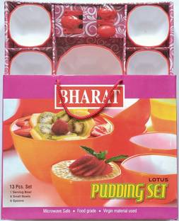 Bharat Plastic Dessert Bowl Lotus Pudding Set (Red & White) - 13 Pcs (1 Serving Bowl,6 Small Bowl, 6 Spoons)