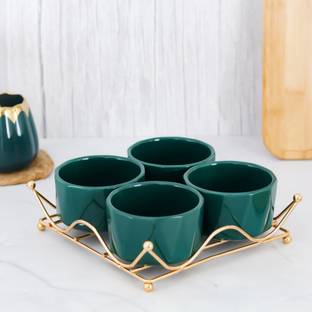 The Procure Store Ceramic Sauce Bowl Ceramic Bowls Set With Metal Stand, Green