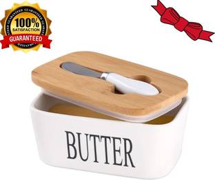 Zeekty Ceramic Storage Bowl Butter Dish Wooden Butter Box Container Keeper Storage with Stainless Steel